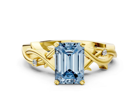 Yellow gold Fancy Blue Emerald Cut Diamond Solitaire Ring with Twisted Band and Prong Setting_233