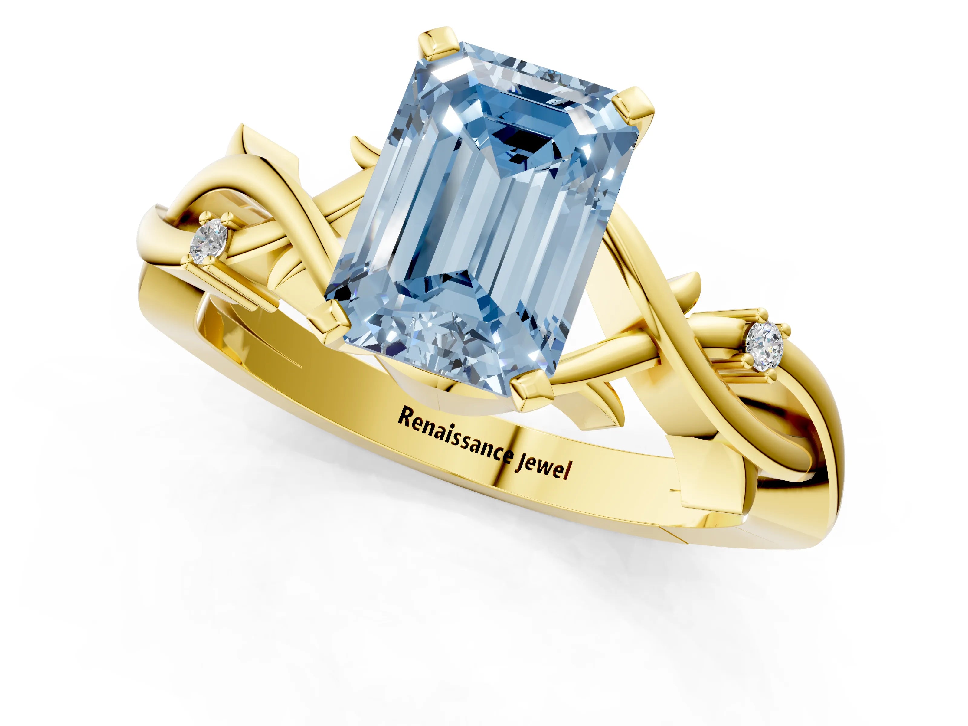 Yellow gold Fancy Blue Emerald Cut Diamond Solitaire Ring with Twisted Band and Prong Setting_234