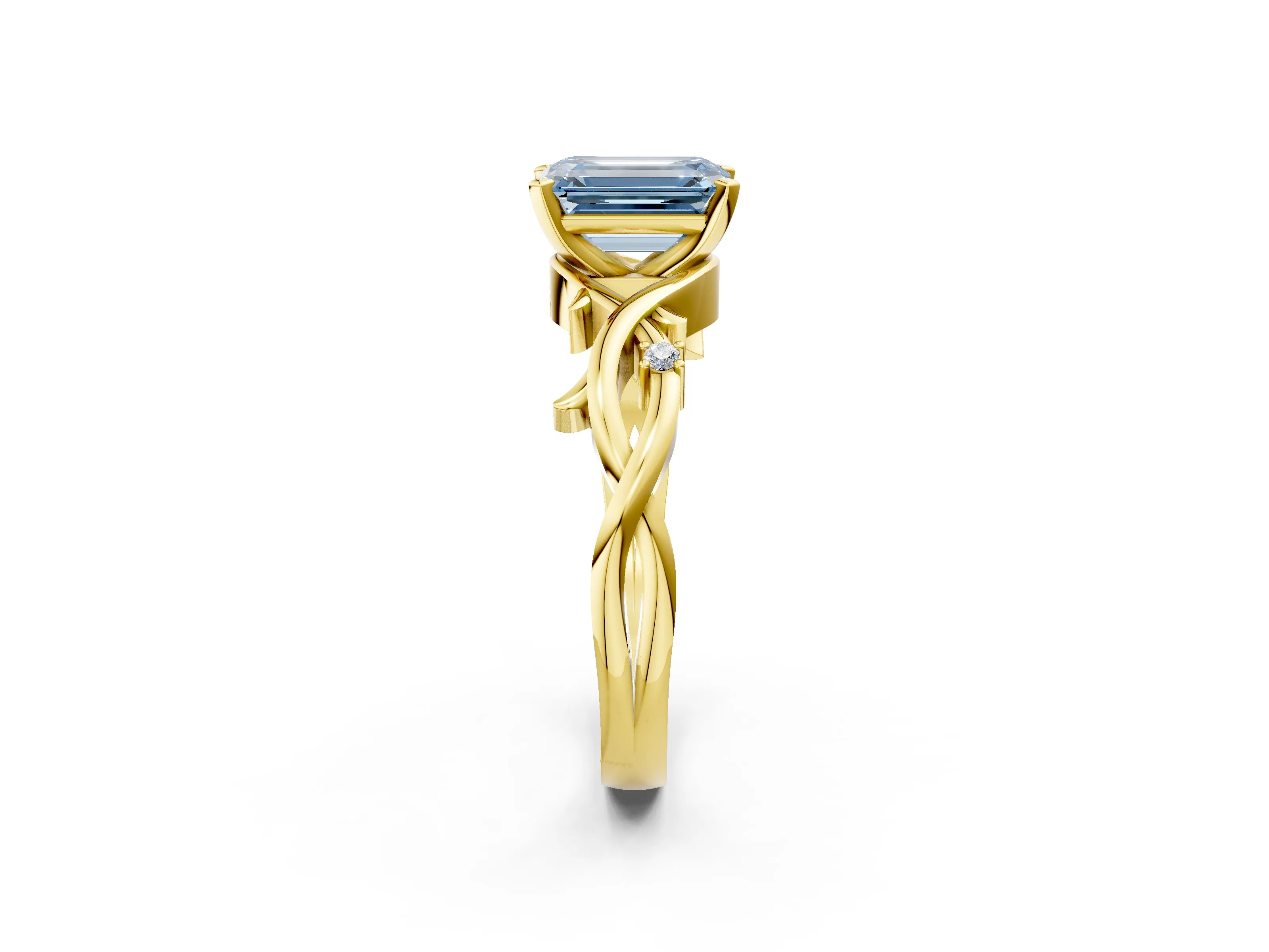Yellow gold Fancy Blue Emerald Cut Diamond Solitaire Ring with Twisted Band and Prong Setting_235