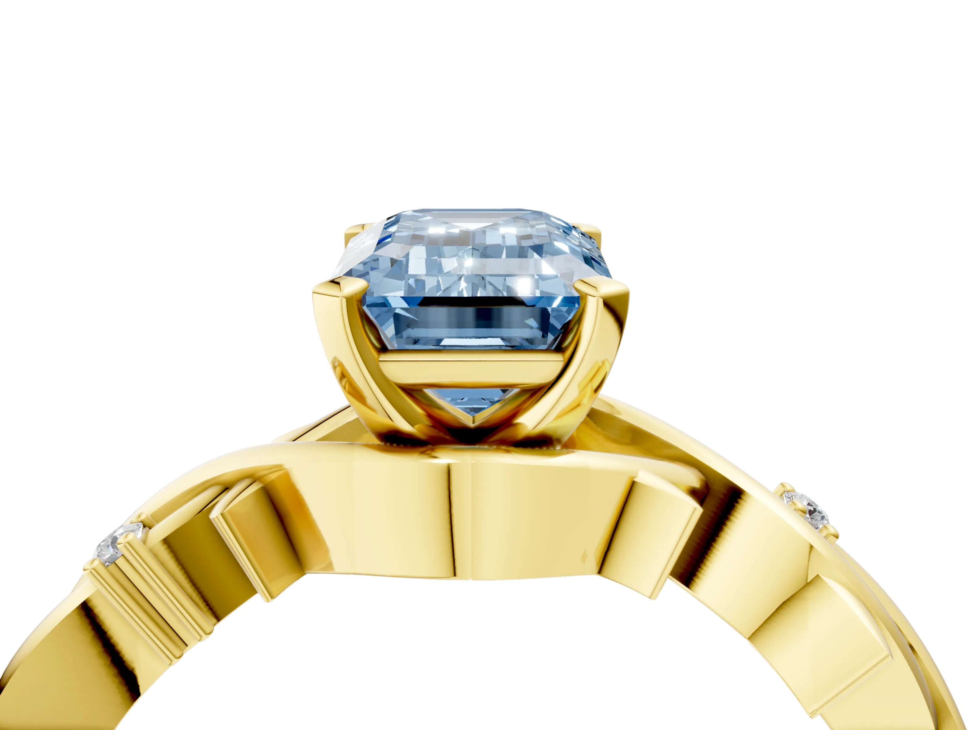 Yellow gold Fancy Blue Emerald Cut Diamond Solitaire Ring with Twisted Band and Prong Setting_237