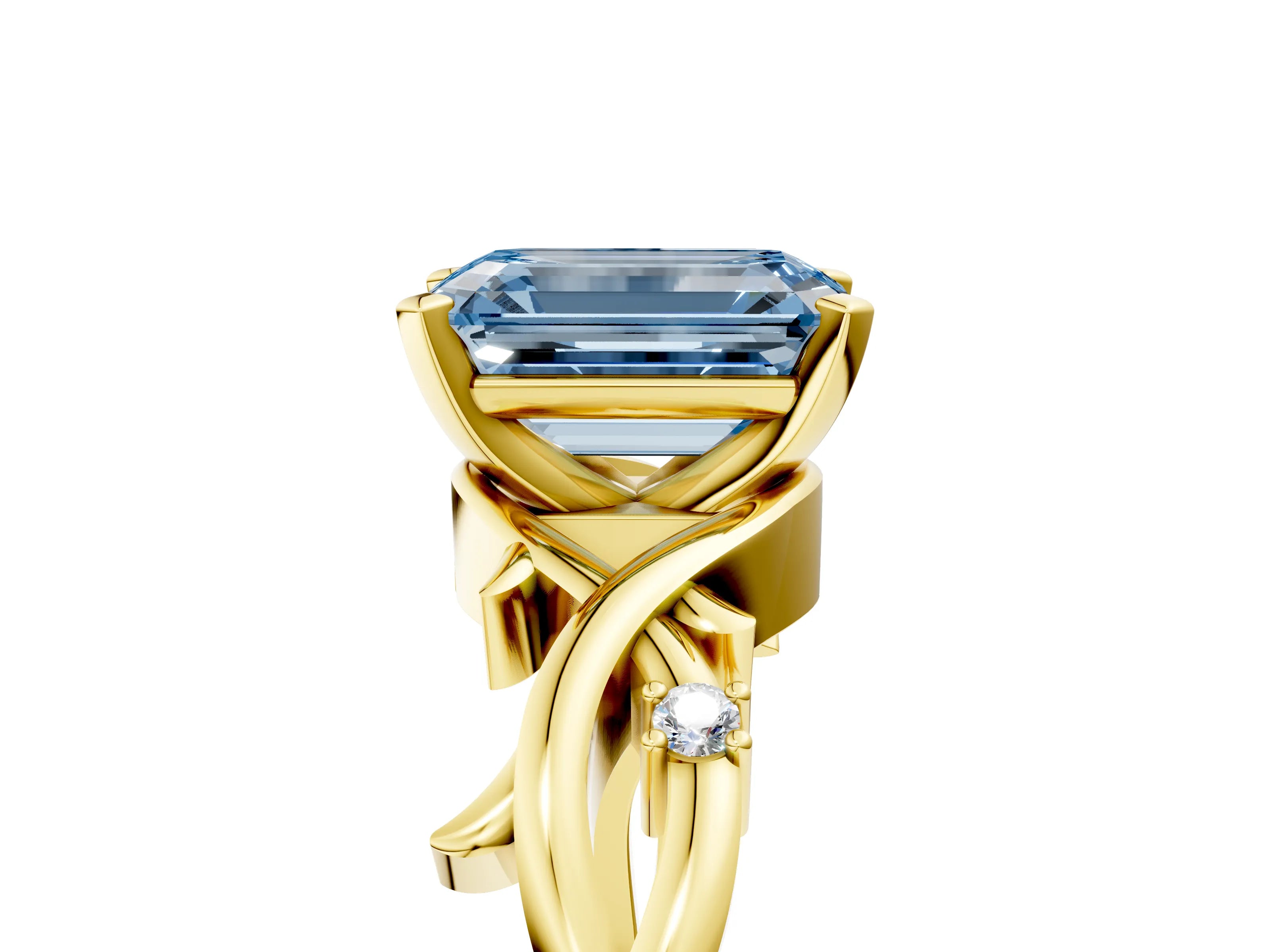 Yellow gold Fancy Blue Emerald Cut Diamond Solitaire Ring with Twisted Band and Prong Setting_238