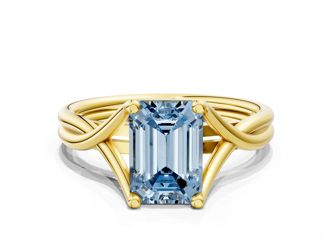 Yellow gold Fancy Blue Emerald Cut Diamond Solitaire Twist Band Prong Setting Ring_55