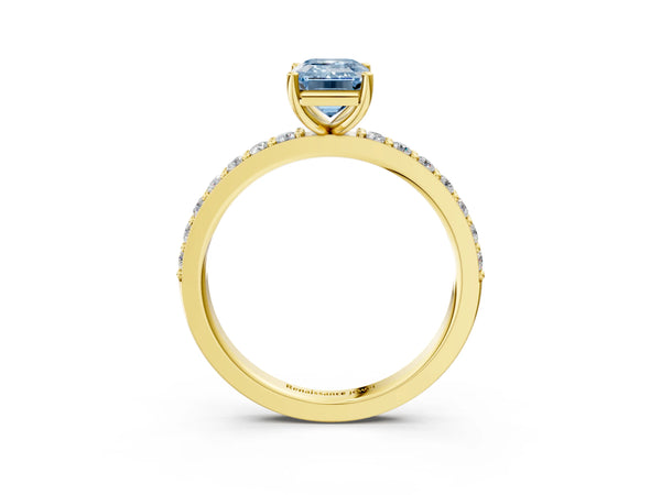 Yellow Gold Emerald Cut Solitaire Engagement Ring Setting for Fancy Blue Center with Round Pave Band
