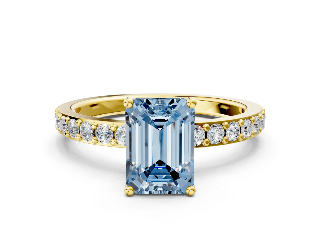Yellow gold Fancy Blue Emerald  Cut Diamond Solitaire with Pave Band and Four-Prong Setting