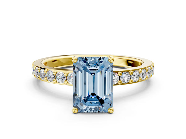 Yellow Gold Emerald Cut Solitaire Engagement Ring Setting for Fancy Blue Center with Round Pave Band