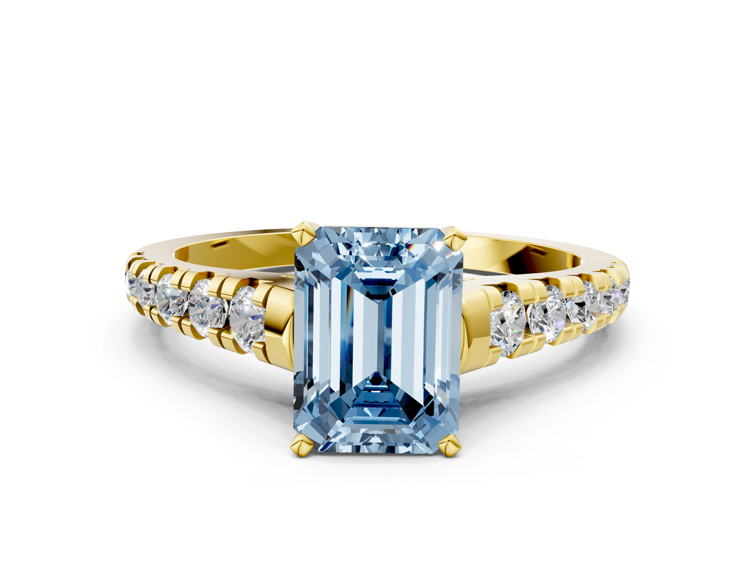 Yellow gold Fancy Blue Emerald  Cut Diamond Solitaire with Pave Band and Four-Prong Setting_118