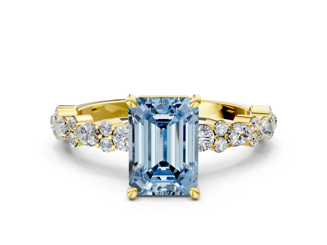 Yellow gold Fancy Blue Emerald Cut Diamond Solitaire with Side Stones, Pave Band, Four-Prong Setting_71