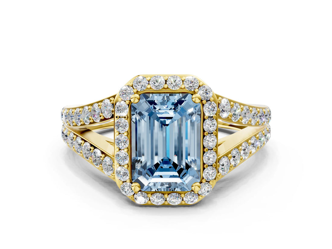 Yellow gold Fancy Blue Emerald Cut Diamond Split Shank Halo Ring with Four-Prong Setting_73