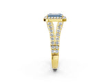 Yellow gold Fancy Blue Emerald Cut Diamond Split Shank Halo Ring with Four-Prong Setting_75