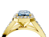 Yellow gold Fancy Blue Emerald Cut Diamond Split Shank Halo Ring with Four-Prong Setting_77