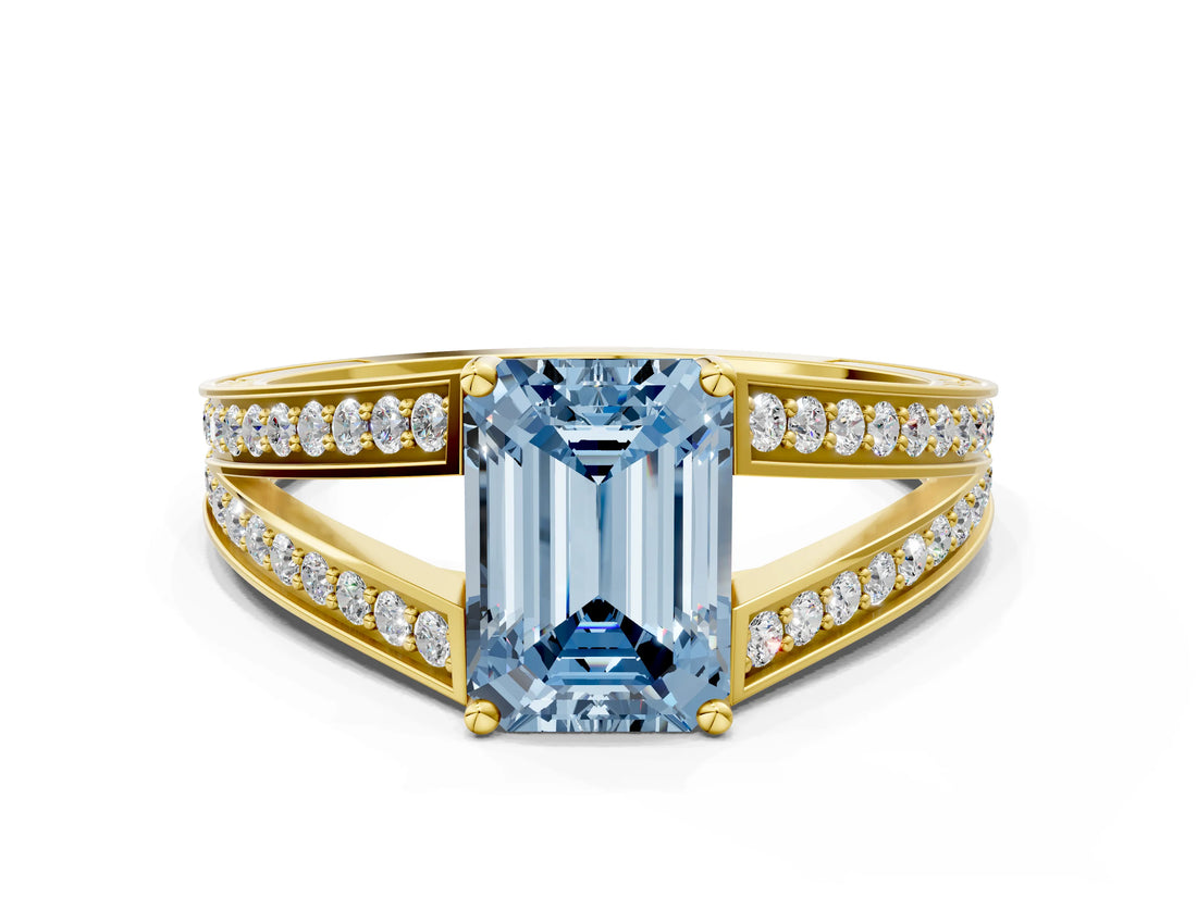Yellow gold Fancy Blue Emerald Cut Diamond Split Shank Ring with Pavé Band and Four-Prong Setting_44
