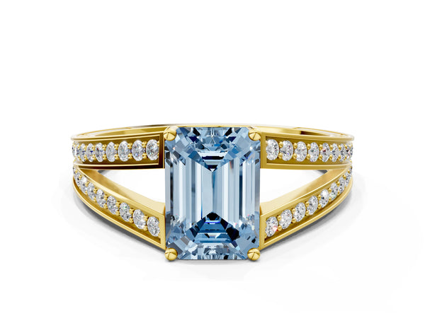 Yellow Gold Emerald Cut Pave Split Shank Engagement Ring Setting for Fancy Blue Center