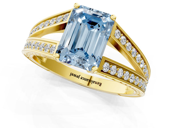 Yellow Gold Emerald Cut Pave Split Shank Engagement Ring Setting for Fancy Blue Center