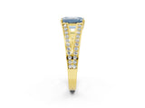 Yellow gold Fancy Blue Emerald Cut Diamond Split Shank Ring with Pavé Band and Four-Prong Setting_46