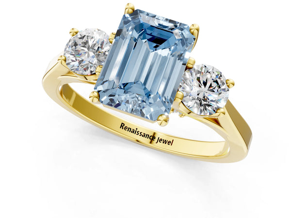 Yellow gold Fancy Blue Emerald Cut Diamond Three-Stone Engagement Ring with Prong Setting and Pavé Band