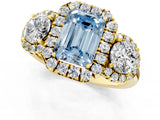 Yellow gold Fancy Blue Emerald Cut Diamond Three-Stone Halo Ring with Prong Setting and Pavé Accents_1