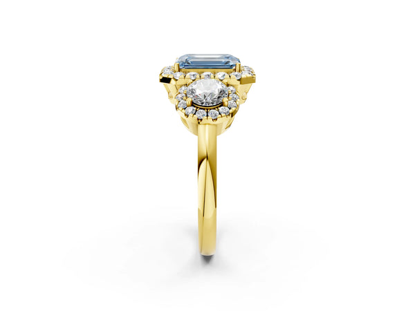 Yellow Gold Emerald Cut Three Stone Halo Engagement Ring Setting for Fancy Blue Center