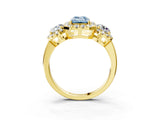 Yellow gold Fancy Blue Emerald Cut Diamond Three-Stone Halo Ring with Prong Setting and Pavé Accents_3