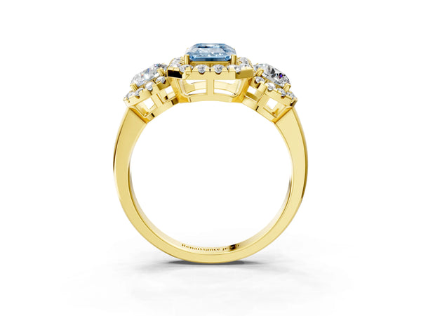 Yellow Gold Emerald Cut Three Stone Halo Engagement Ring Setting for Fancy Blue Center