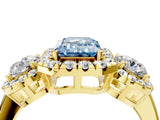 Yellow gold Fancy Blue Emerald Cut Diamond Three-Stone Halo Ring with Prong Setting and Pavé Accents_4