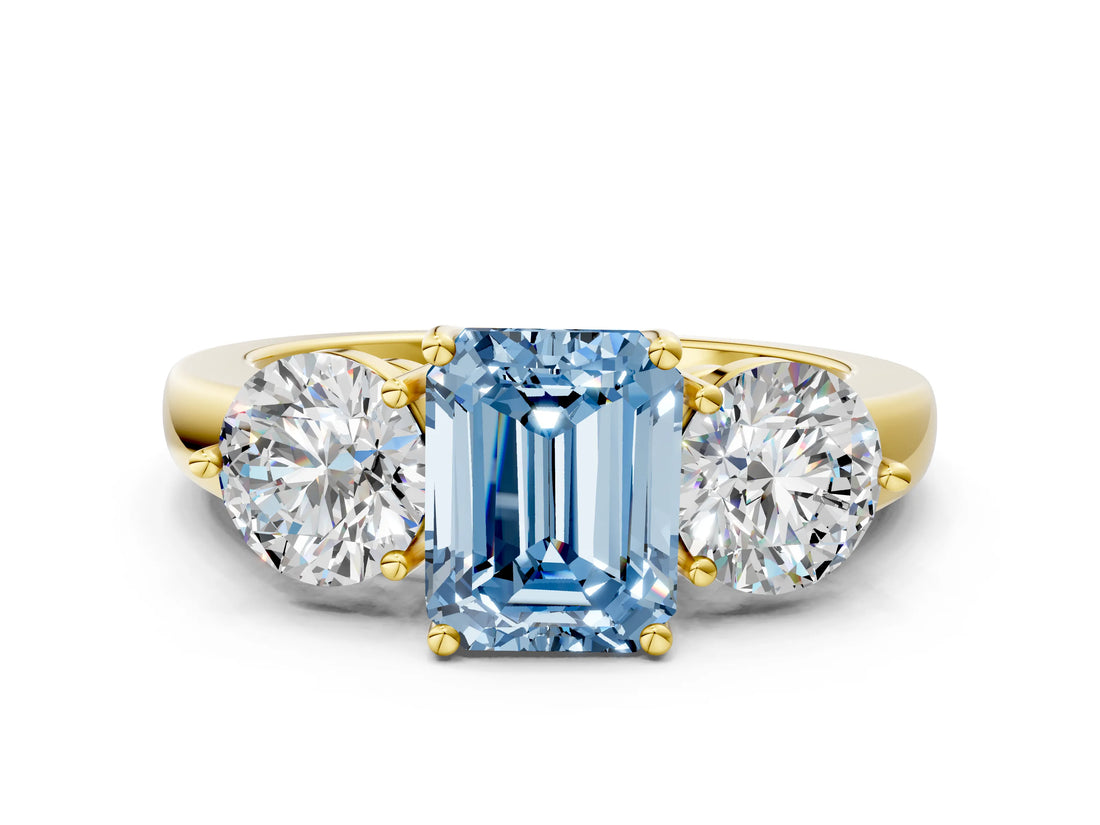 Yellow gold Fancy Blue Emerald Cut Diamond Three-Stone Ring with Prong Setting and Classic Band_122