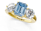 Yellow gold Fancy Blue Emerald Cut Diamond Three-Stone Ring with Prong Setting and Classic Band_123