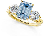 Yellow gold Fancy Blue Emerald Cut Diamond Three-Stone Ring with Prong Setting and Pavé Band_1