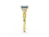 Yellow gold Fancy Blue Emerald Cut Diamond Three-Stone Ring with Prong Setting and Pavé Band_2