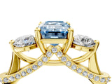 Yellow gold Fancy Blue Emerald Cut Diamond Three-Stone Ring with Prong Setting and Pavé Band_4