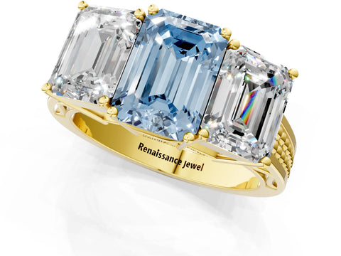 Yellow gold Fancy Blue Emerald Cut Diamond Three-Stone Ring with Prong Setting and Textured Band_1