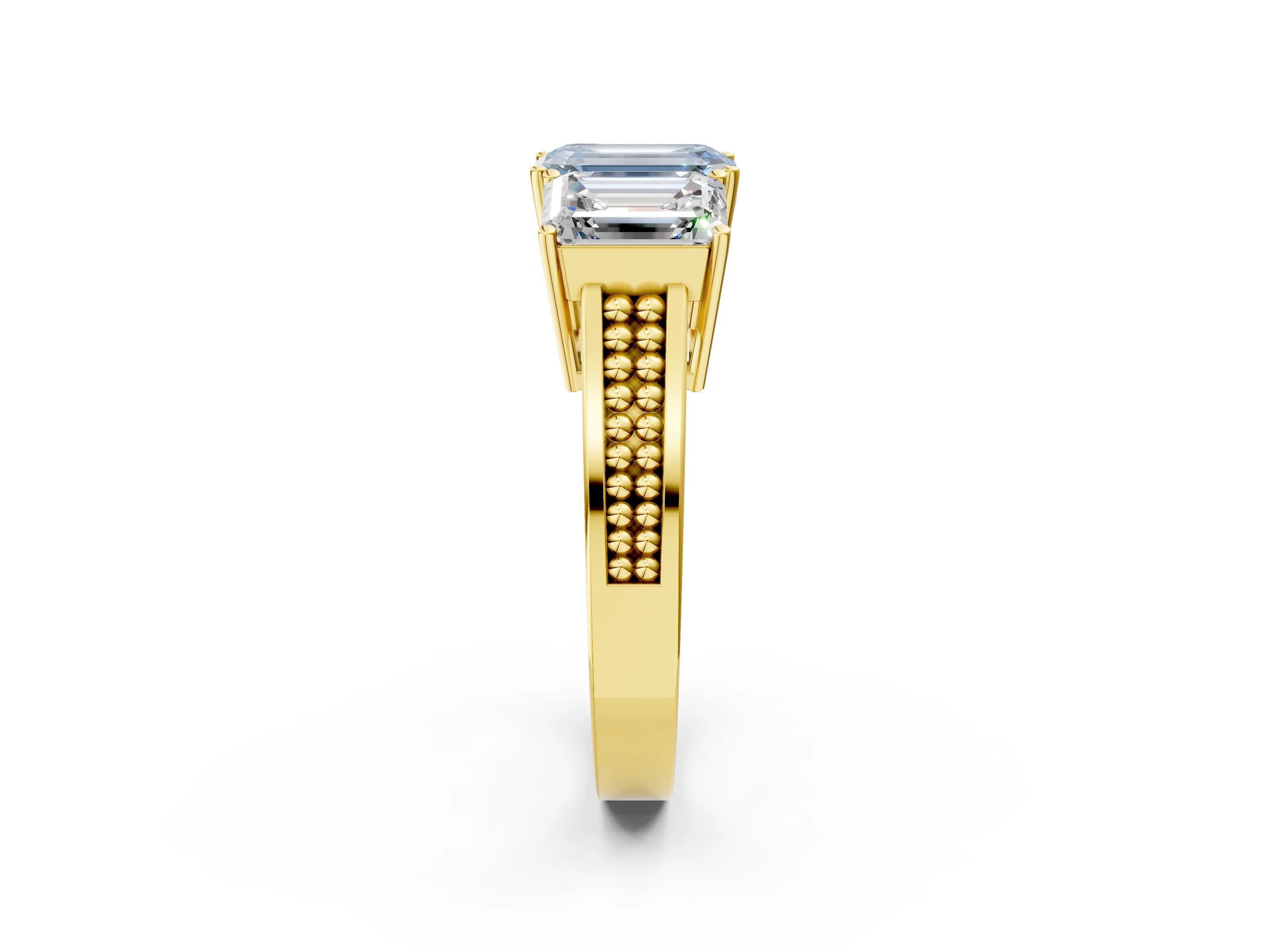 Yellow gold Fancy Blue Emerald Cut Diamond Three-Stone Ring with Prong Setting and Textured Band_2
