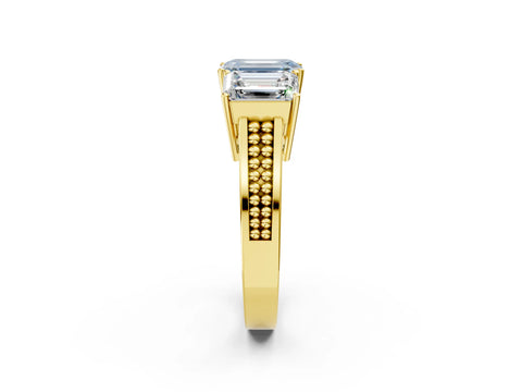Yellow gold Fancy Blue Emerald Cut Diamond Three-Stone Ring with Prong Setting and Textured Band_2