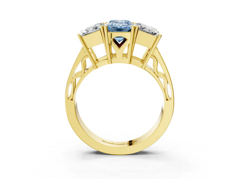 Yellow gold Fancy Blue Emerald Cut Diamond Three-Stone Ring with Prong Setting and Textured Band_3