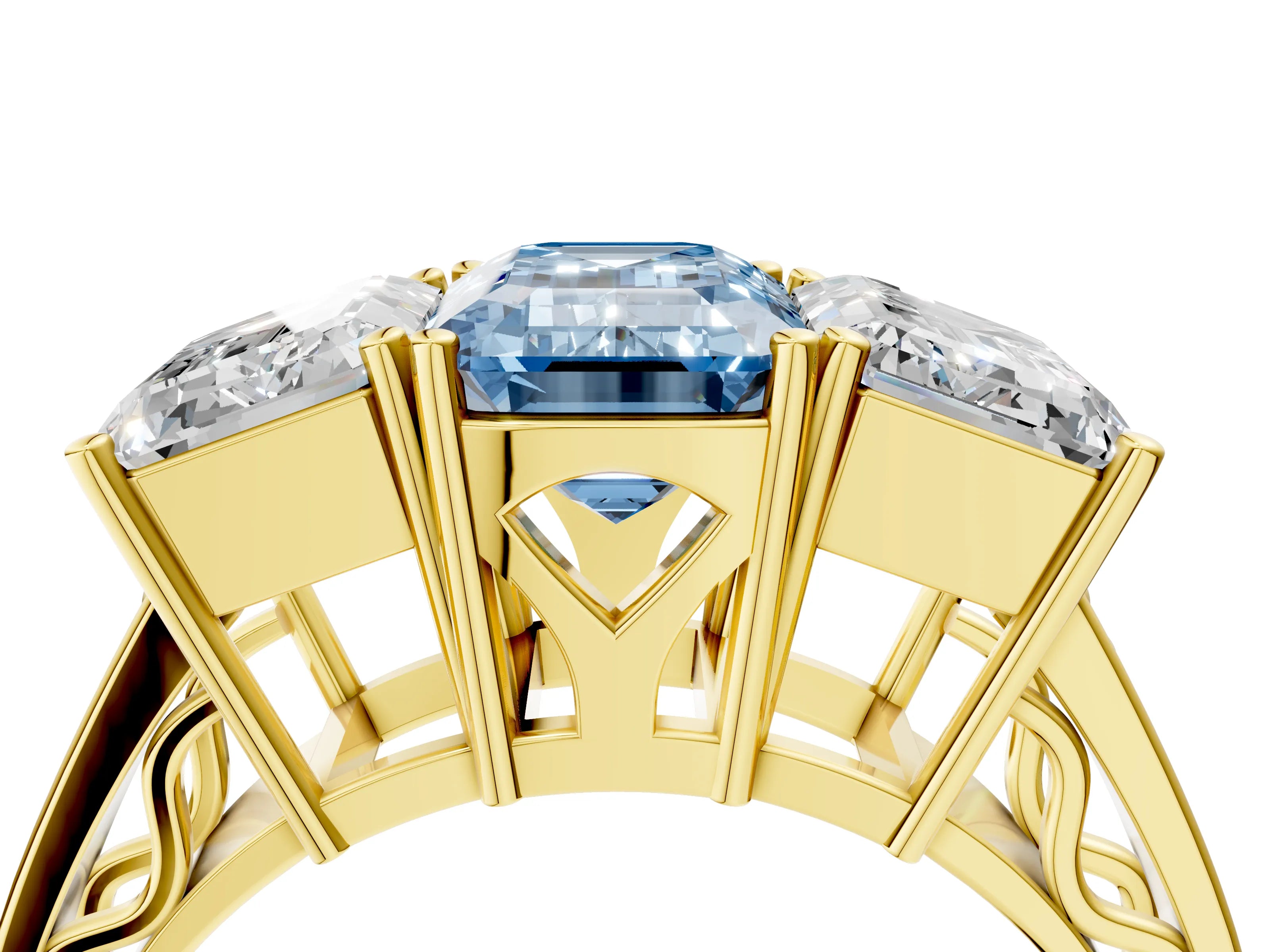 Yellow gold Fancy Blue Emerald Cut Diamond Three-Stone Ring with Prong Setting and Textured Band_4