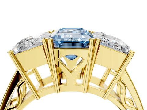 Yellow gold Fancy Blue Emerald Cut Diamond Three-Stone Ring with Prong Setting and Textured Band_4