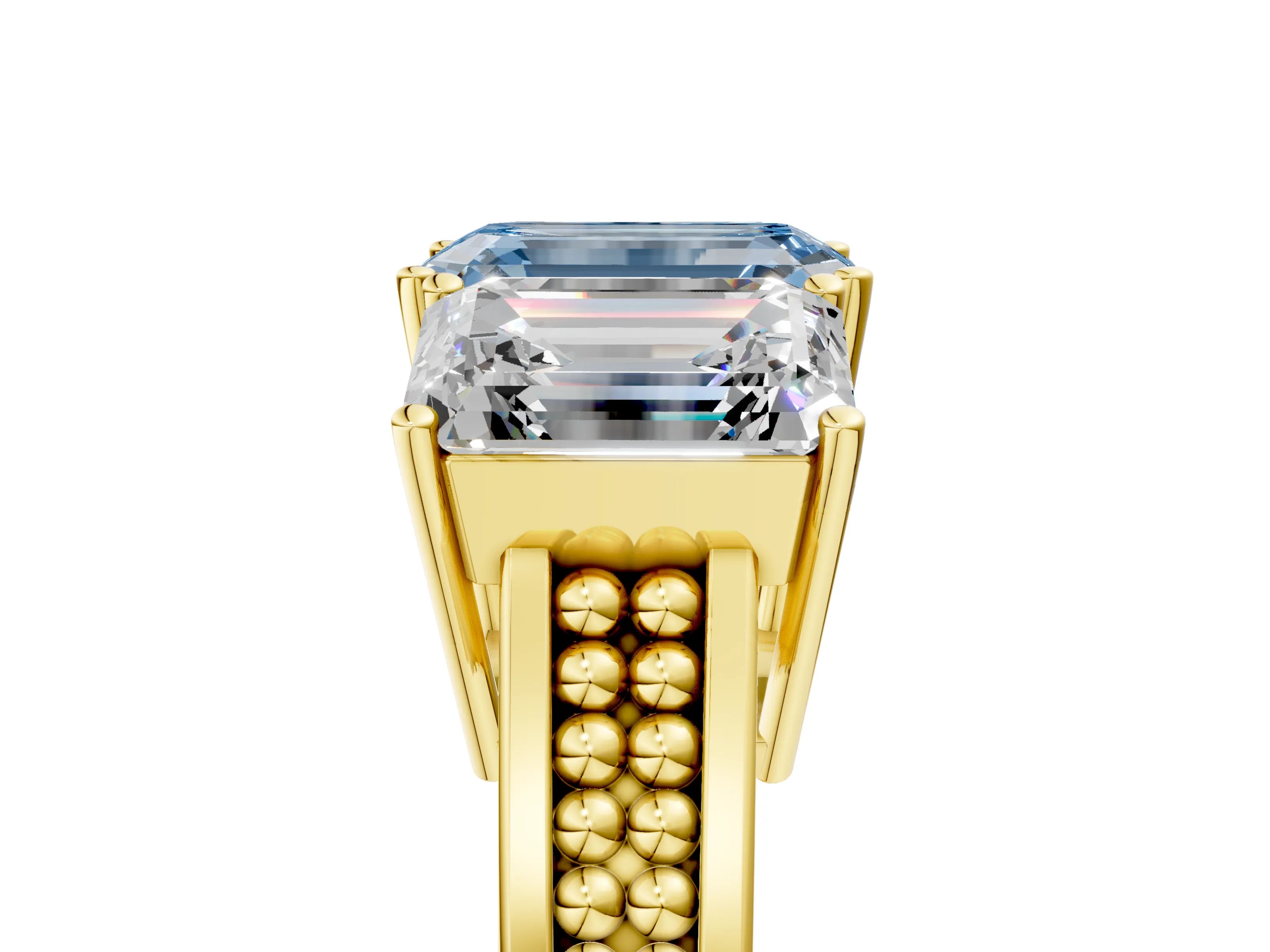 Yellow gold Fancy Blue Emerald Cut Diamond Three-Stone Ring with Prong Setting and Textured Band_5