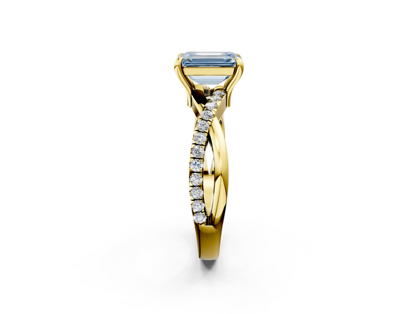 Yellow gold Fancy Blue Emerald  Cut Diamond Twist Band Solitaire with Prong Setting