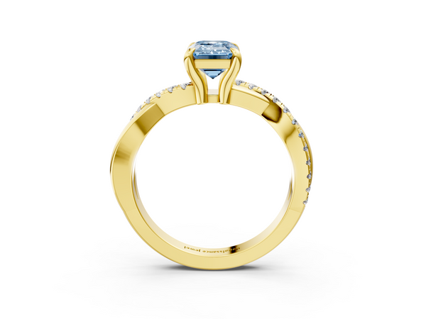 Yellow gold Fancy Blue Emerald  Cut Diamond Twist Band Solitaire with Prong Setting