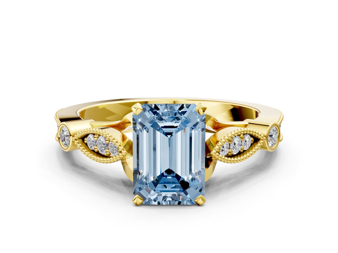 Yellow gold Fancy Blue Emerald  Cut Diamond with Milgrain Marquise and Bezel Accents on a Solitaire Band with Prong Setting_220
