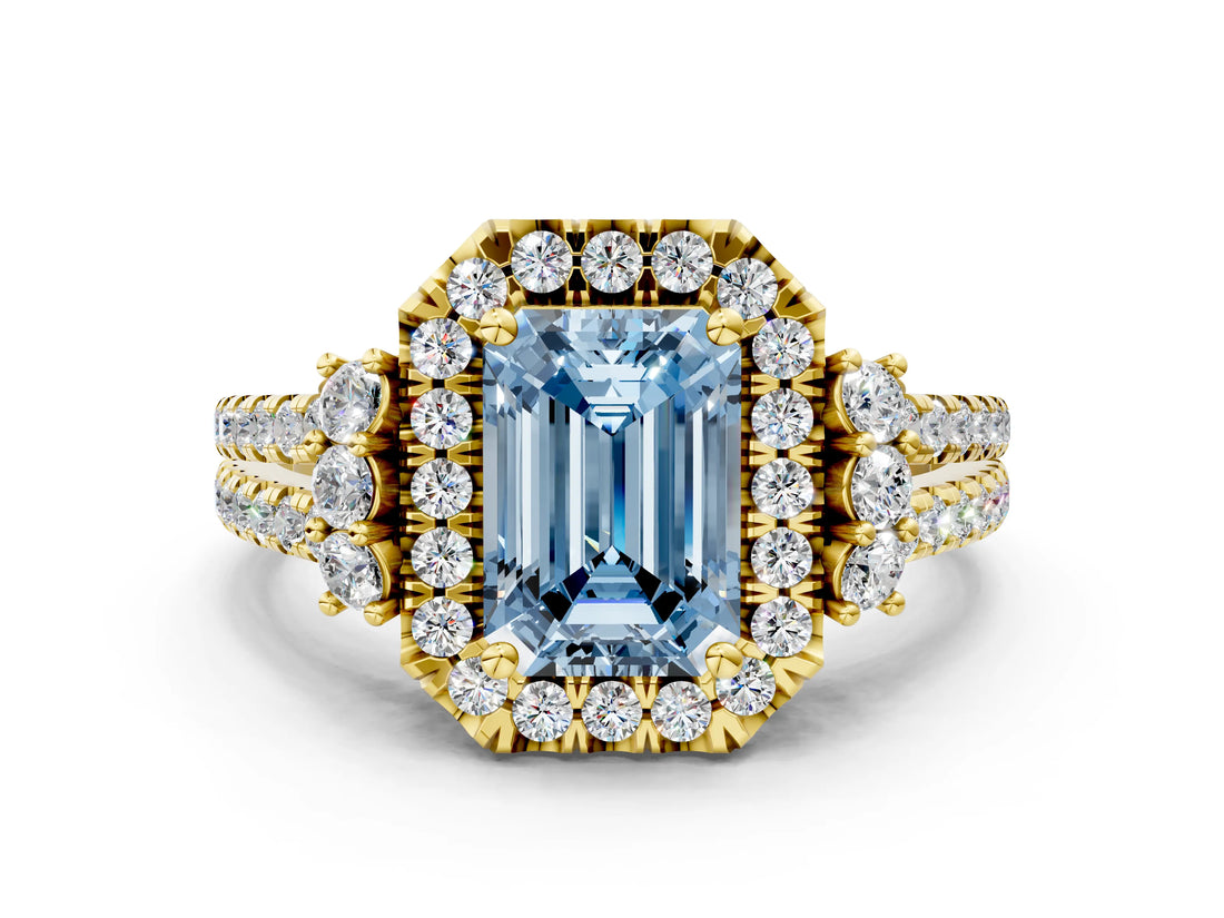 Yellow gold Fancy Blue Emerald  Cut Double Halo Diamond Engagement Ring with Pave Band and Four-Prong Setting_86