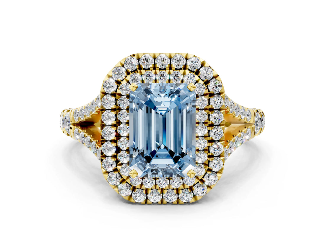 Yellow gold Fancy Blue Emerald  Cut Double Halo Split Shank Diamond Ring with Prong Setting_48
