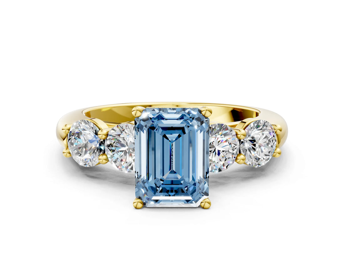 Yellow gold Fancy Blue Emerald  Cut Five-Stone Prong Set Diamond Ring with Classic Band_32