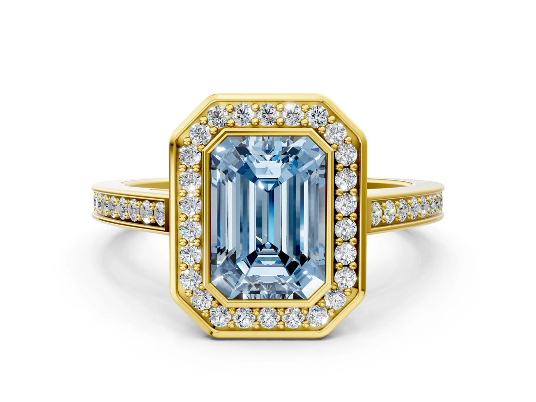 Yellow gold Fancy Blue Emerald Cut Halo Bezel Diamond Pave Band Ring_12