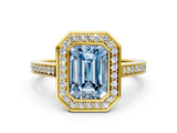 Yellow gold Fancy Blue Emerald Cut Halo Bezel Diamond Pave Band Ring_12