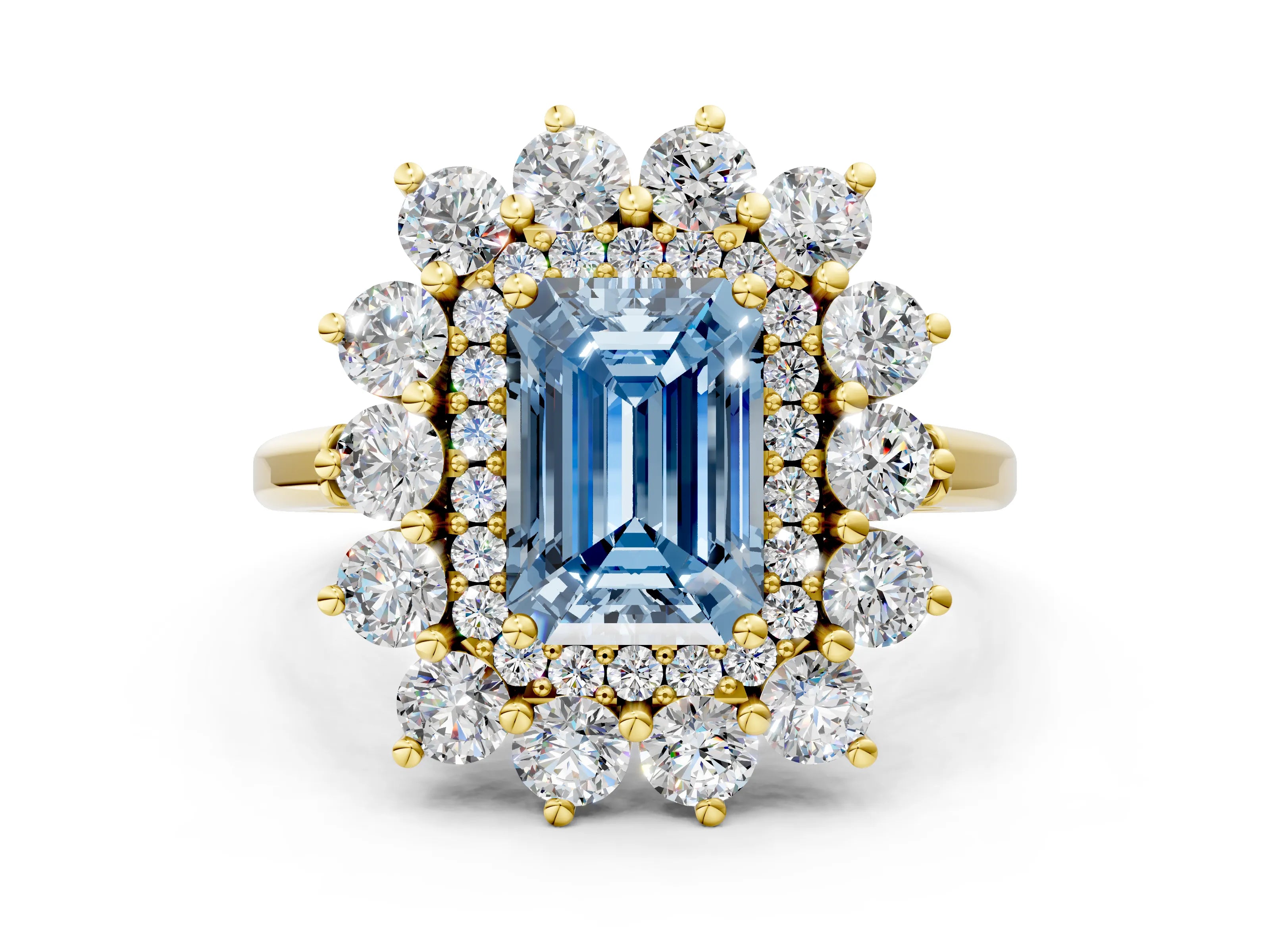 Yellow gold Fancy Blue Emerald Cut Halo Cluster Diamond Ring with Pave Band and Four-Prong Setting