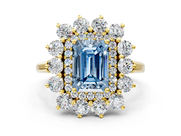 Yellow gold Fancy Blue Emerald Cut Halo Cluster Diamond Ring with Pave Band and Four-Prong Setting
