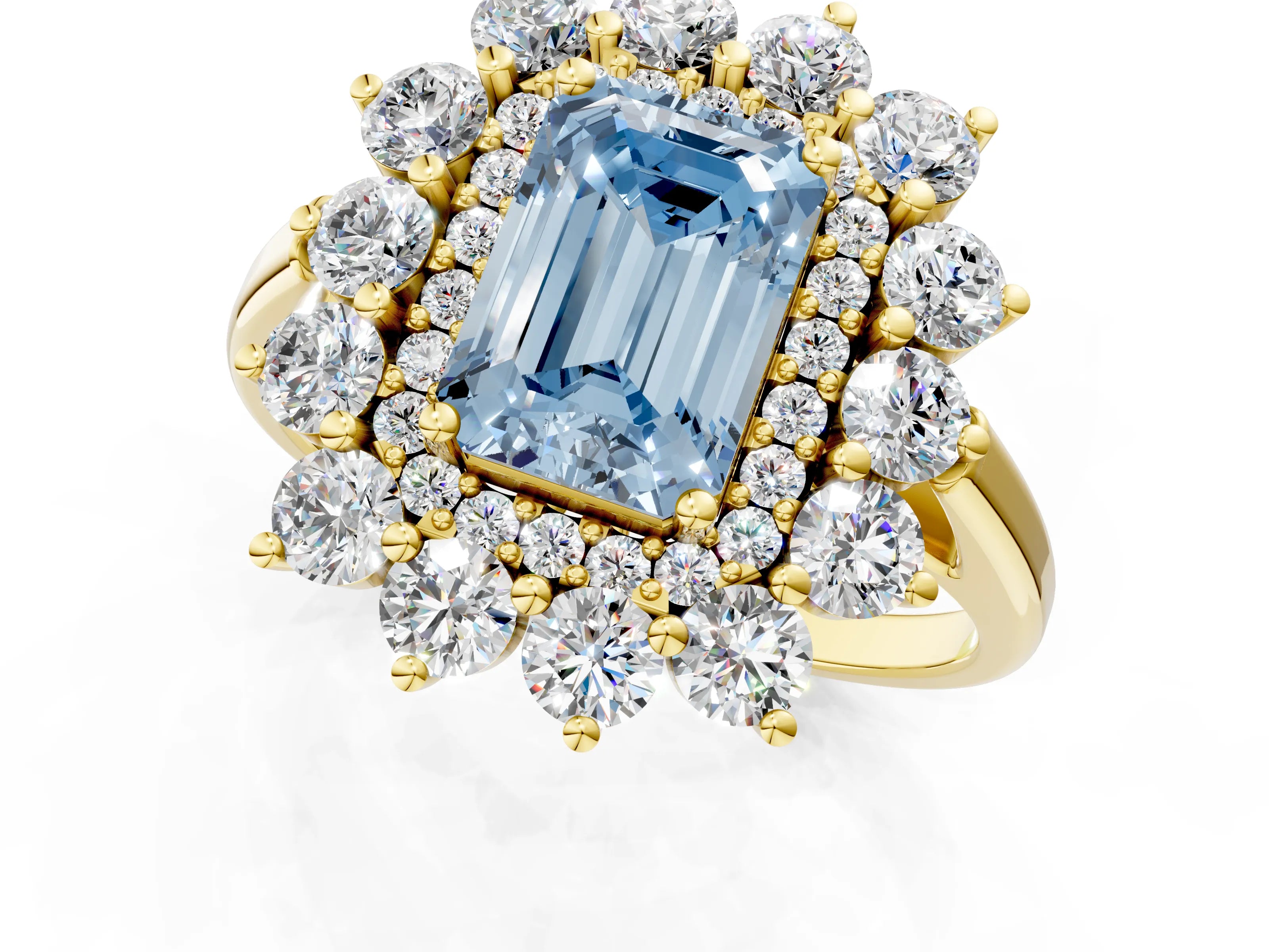 Yellow gold Fancy Blue Emerald Cut Halo Cluster Diamond Ring with Pave Band and Four-Prong Setting_1