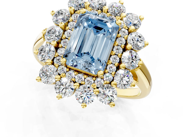 Yellow gold Fancy Blue Emerald Cut Halo Cluster Diamond Ring with Pave Band and Four-Prong Setting