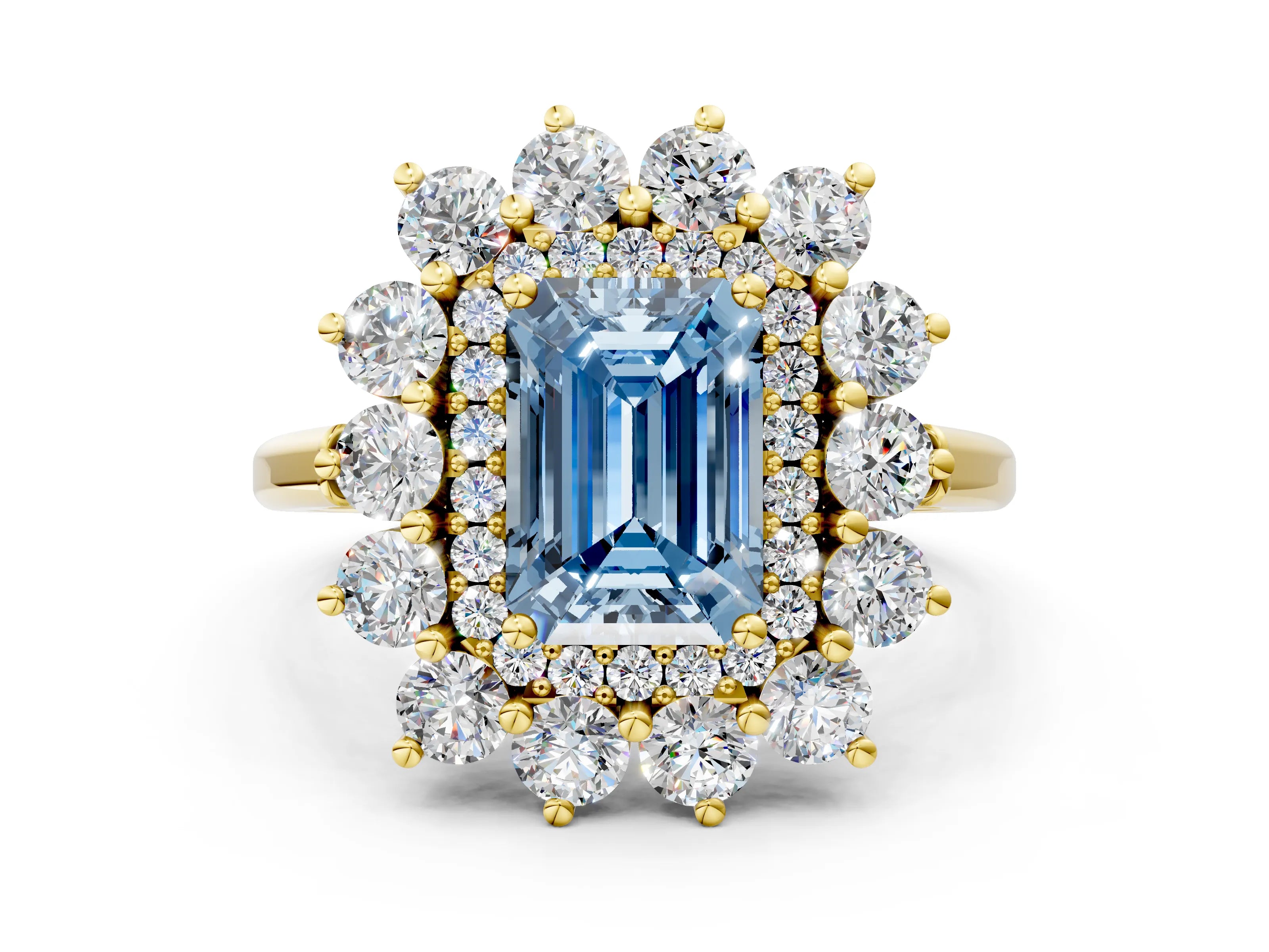 Yellow gold Fancy Blue Emerald Cut Halo Cluster Diamond Ring with Pave Band and Four-Prong Setting_12