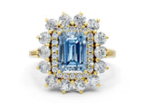 Yellow gold Fancy Blue Emerald Cut Halo Cluster Diamond Ring with Pave Band and Four-Prong Setting_12